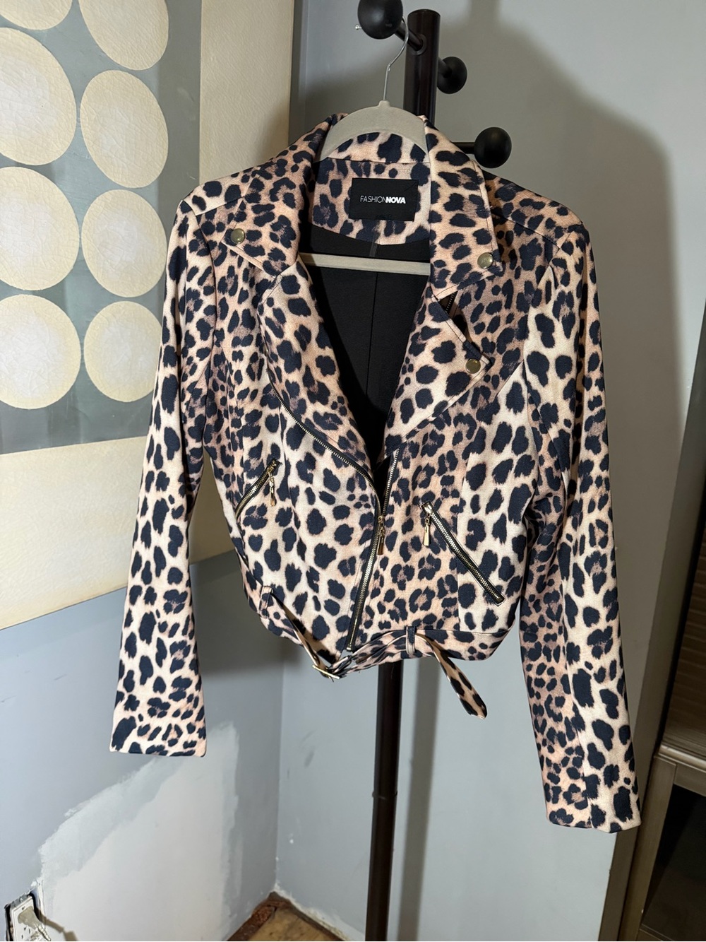Fashion Nova Leopard-Print Faux Leather Moto Jacket in Tan & Black
